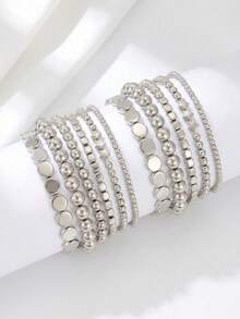 12pcs Fashion Elegant Versatile CCB Geometric Round Bead Square Star Elastic Beaded Bracelet Set Suitable For Women's Daily Commute And Party Wear - Silver - View 2
