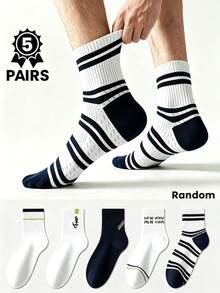 5 Pairs Random Mid-Calf Socks For Men, Casual Sports Style, Minimalist Letter Stripe Ribbed Hollow Out Breathable Sweat-Absorbing, Suitable For Commuting And Daily Wear - Multicolor - View 6
