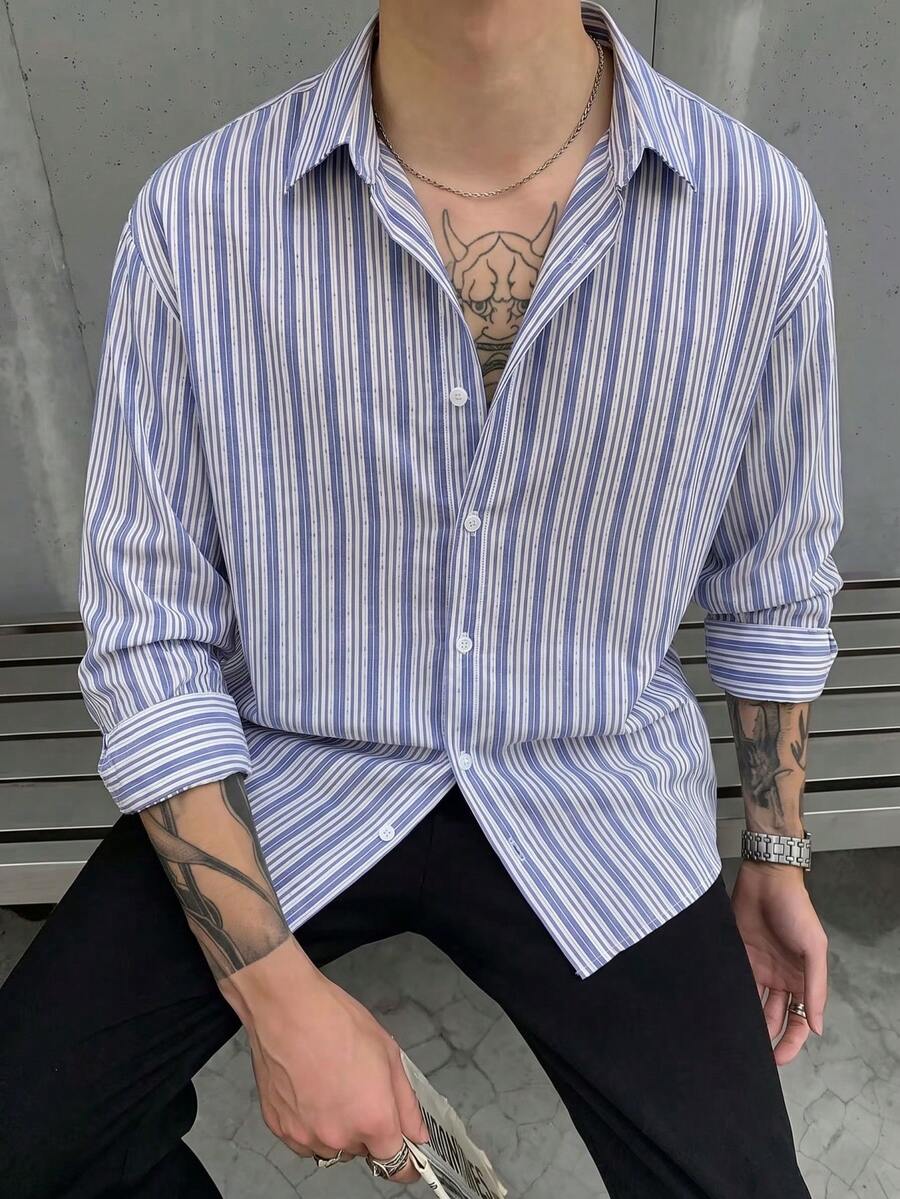 Men's Striped Single-Breasted Casual Commute Long Sleeve Shirt, Suitable For Spring, Autumn, Winter And Daily Wear - Multicolor - View 1
