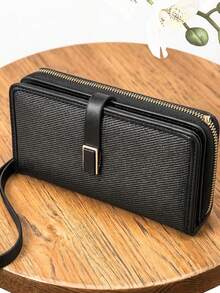 Women's Mini Handheld Phone Wallet, Exquisite Snap Closure, Colorblock Patchwork, Soft PU Long Wallet, Multi-Functional Large Capacity ID Card Holder, Zipper Coin Purse, Lightweight And Fashionable - Black - View 1