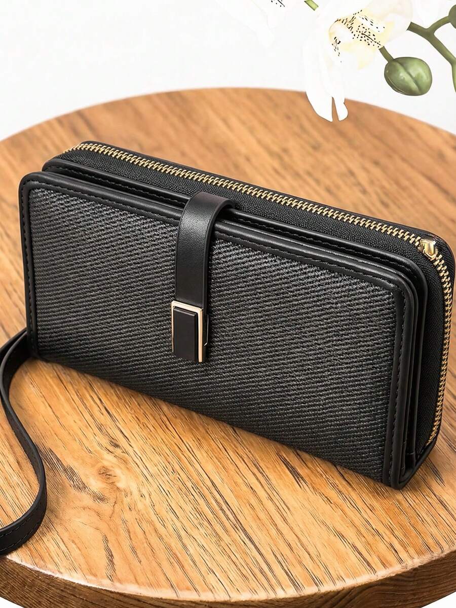 Women's Mini Handheld Phone Wallet, Exquisite Snap Closure, Colorblock Patchwork, Soft PU Long Wallet, Multi-Functional Large Capacity ID Card Holder, Zipper Coin Purse, Lightweight And Fashionable - Black - View 1