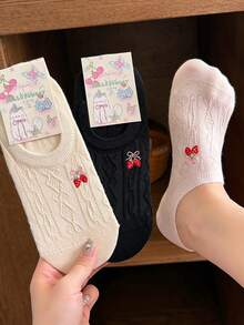 1/3/6 Pairs Women's Multi-Color Combination, Strawberry Embroidery, Autumn New Style, Knitted Breathable Fabric, Ins Style, Sweet Girl Style Invisible Boat Socks, Home, Commute, Party, Sports, School, Holiday Gift - Multicolor - View 5