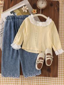 2pcs Girls Fresh Sweet Style Hollow Lace Trim Square Neck Long Sleeve Cardigan Top With Embroidered Hem Straight Leg Denim Jeans Set, Spring/Autumn - Gold - View 3
