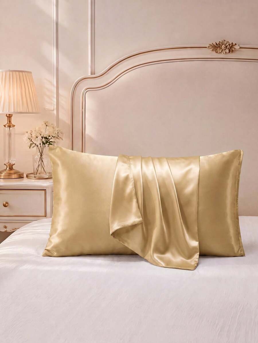 2pcs Set Gold Premium Satin Silk Envelope Pillowcases, Wrinkle-Resistant, Gentle On Hair And Skin, No Filling, Silky Soft Breathable, Machine Washable, Suitable For Standard Double, Queen, Single Bed, Student Dorm Bedding Back To School - Gold - View 1