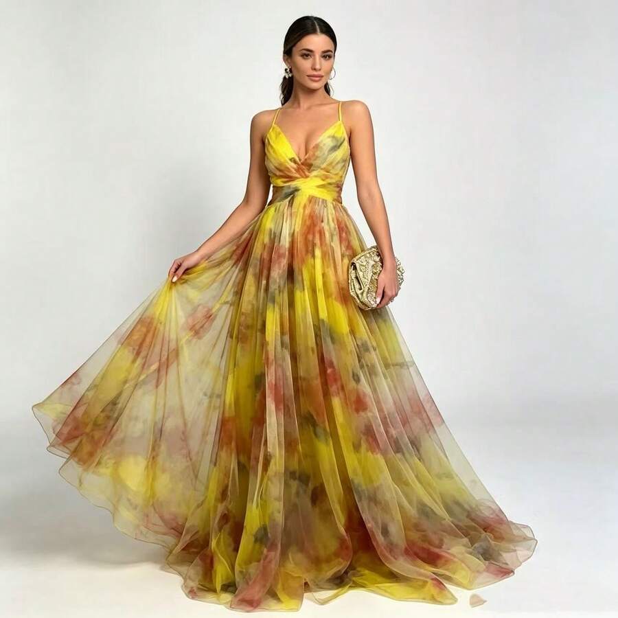 Vestido de punto estampado con bufanda, vestido de vacaciones casual - Amarillo - Ver 1