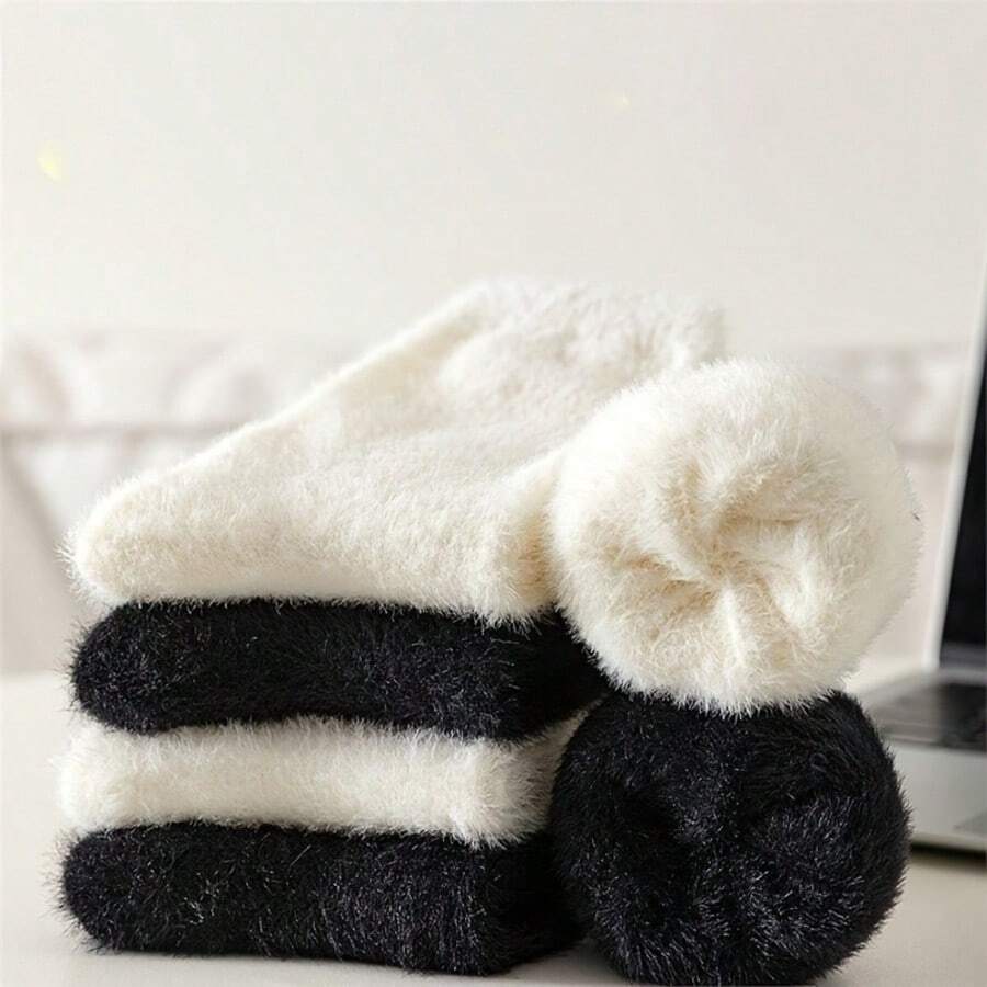 2 Pairs Women's Winter Classic Black & White Fuzzy Minimalist Versatile Mid-Calf Socks - Multicolor - View 1
