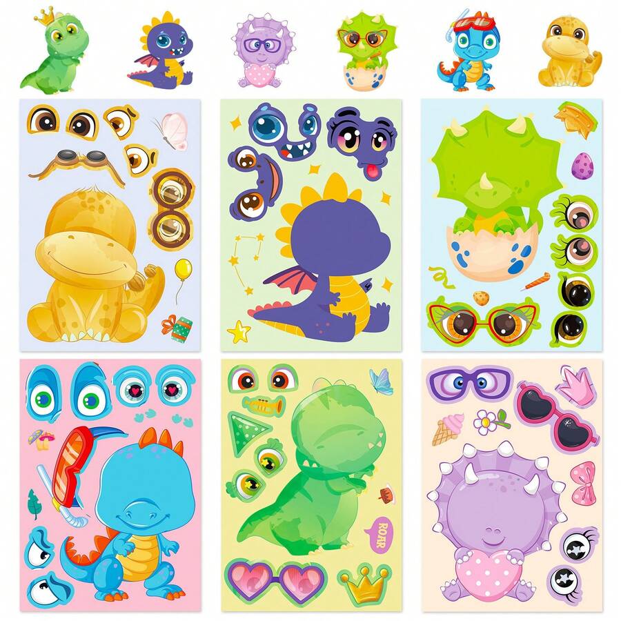 6pcs Soft Cute Baby Dinosaur DIY Face Swap Stickers, Cartoon Dinosaur Expression Collage Stickers, Fun Handmade Gift For Boys And Girls, Quiet Book Craft Material - Multicolor - View 1