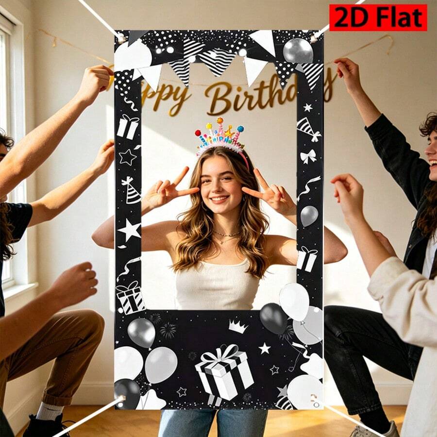 2D派對拍照道具 黑白氣球禮物盒與派對帽圖案生日拍照橫幅布幕 適用室內外裝飾背景布 耐用壁掛布 適合生日慶祝 - 1 - 查看 1