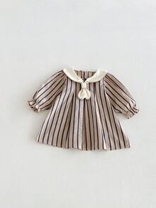 Miniweenns 1pc Baby Girls College Style Ruffle Bow Vertical Stripe Vintage Princess Long Sleeve Dress, Spring/Autumn Back To School Season - Khaki - View 15