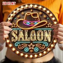 Non-Electric 2D Flat Metal Sign, Western Bar Neon Light Design With Star Pattern, Perfect For Farmhouse, Cafe, Beach House 8X8 Inches. Pre-Drilled Holes, Style As Shown In Dimension Diagram - Multicolor - View 6
