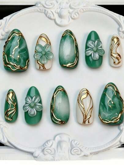 10pcs 3D Gold Plated Embossed Fake Nails Y2K Style Almond Shape Nail Art Supplies