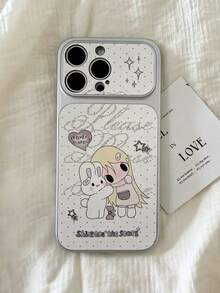 1 pieza Funda de teléfono con ventana grande de conejo con lazo de estrella, textura de lichi blanca, compatible con 13/14/15/16/17 PRO PROMAX PLUS, funda de teléfono con ventana grande de cobertura completa - Chica conejo - Ver 2