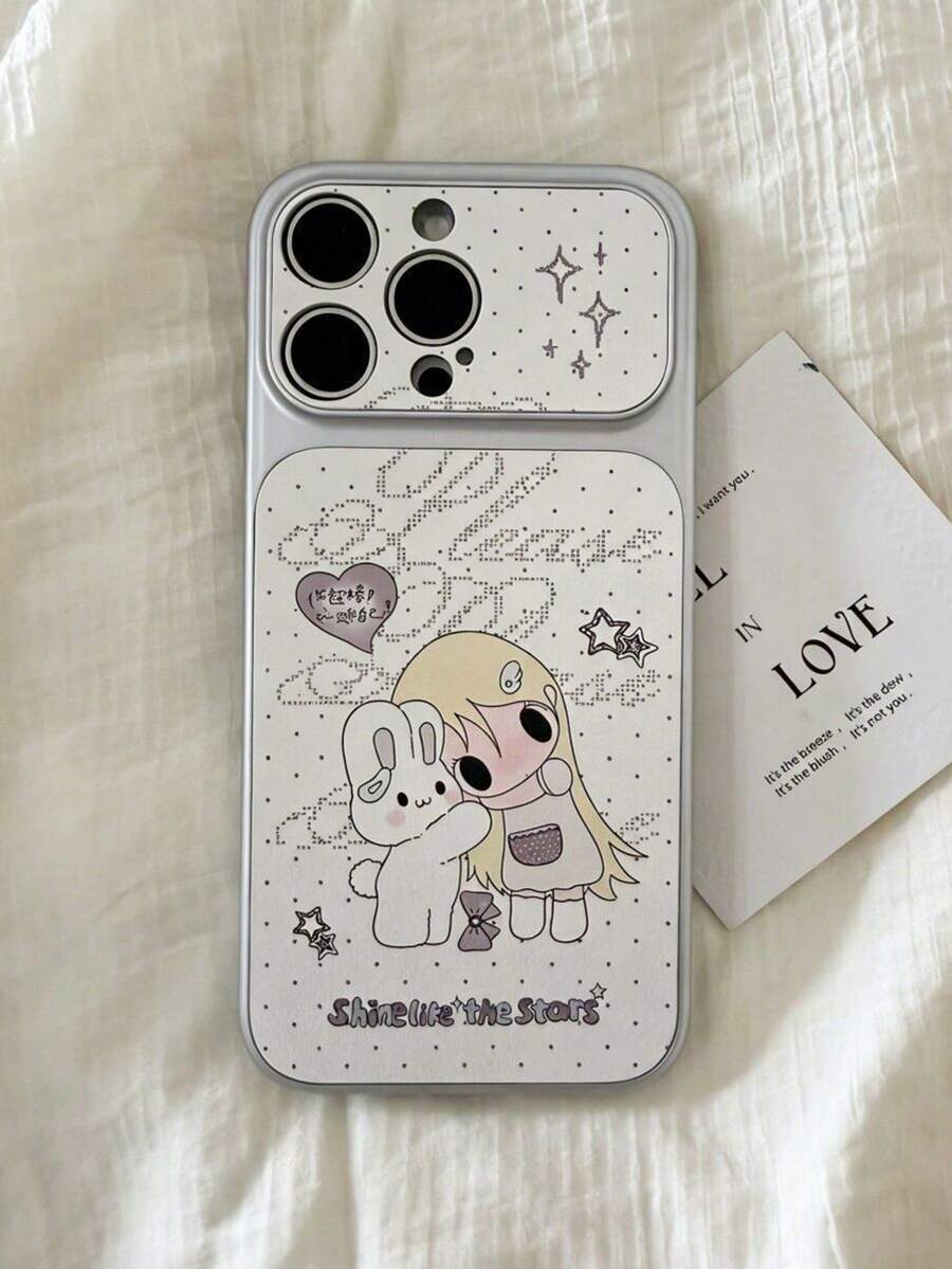 1pc Star Bow Rabbit Large Window Phone Case, White Lychee Texture, Compatible With 13/14/15/16/17 PRO PROMAX PLUS, Full Coverage Large Window Phone Case - Rabbit Girl - View 1