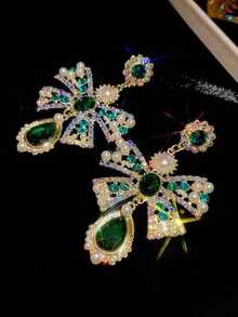 1 Par de Brincos Pendentes com Laço e Gota de Água Elegantes e Requintados, Adequados para Uso Diário, Festa e Encontro de Mulheres - Verde - Visão 2