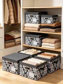 1pc European Style Printed Linen Storage Box With Lid, Foldable Multi-Size Wardrobe Organizer, Suitable For Clothing, Home Decor Container, Storage Room Organization And Daily Clutter Storage - Black and White - View 3