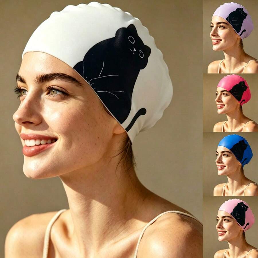 Unisex Silicone Swim Cap, Cat Pattern Swimming Cap, Waterproof Anti-Slip, Comfortable Breathable, High Elasticity, Unisex, Swimming Equipment, Beach Essential, Beach Accessory, Pool Float - Multicolor - View 1