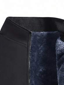 Men's Pure Black Fleece Stand Collar Zipper Flight Jacket, Side Zipper Pockets, Ribbed Cuffs, Long Sleeve Casual Outerwear, Autumn/Winter Street Style - Black - View 3
