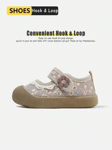Girls' Floral Mary Jane Casual Shoes, Toddler Lace Flower Decor Hook And Loop Breathable Non-Slip Soft Sole Canvas Sneakers (Size Reference Insole, Unit: Cm) - Khaki - View 5