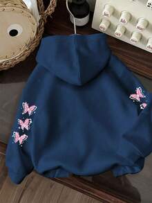 Tween Girl Fun Print Pullover Sweatshirt, Warm And Comfortable Thermal-Lined Pullover Sweatshirt For Autumn/Winter - Navy Blue - View 2