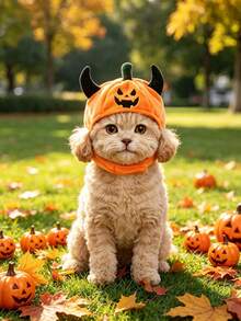 1pc Pet Halloween Pumpkin Hat With Devil Horns, Adjustable Chin Strap Cute Pumpkin Headwear Costume Accessory, Soft Plush Party Hat For Small Medium Cats Dogs, Halloween Cosplay Holiday Photo Props - Multicolor - View 4
