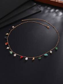1pc Bohemian Natural Crushed Stone & Pearl Choker Necklace, Colorful Raw Stone Pendant Fine Chain Necklace, Beach Vacation Style Men's Neck Chain - Gold - View 5