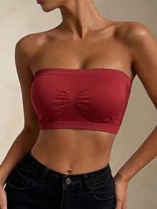 1pc Burgundy Women's Strapless Bandeau Bra, Seamless Elastic Bustier, Front Ruched Gathering Support, Breathable Mesh Back Moisture-Wicking, Wire-Free No Padding Anti-Slip, Skin-Friendly No Underarm Pinching, Suitable For Summer Outerwear, Daily Layering, Home Leisure, Travel Outfits - Burgundy - View 6