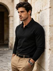 Men's Spring/Autumn Fashion Casual Loose Fit Long Sleeve Polo Shirt With Turn-Down Collar, Suitable For Daily Commute And Travel - Black - View 2