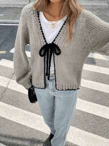 Cardigan Rajut Kasual Leher V Ukuran Besar untuk Wanita, Trim Kontras, dan Tali Depan, Musim Gugur/Dingin - Grey - View 4