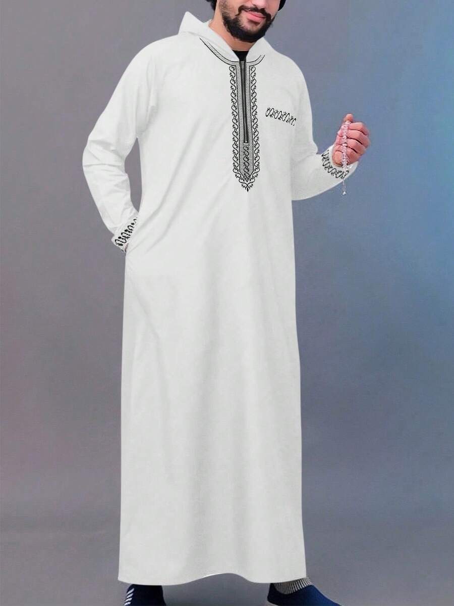 新款男士寬鬆連帽長袍，奢華刺繡長袖穆斯林服飾，中東 Juba Sobey 傳統男士長袍