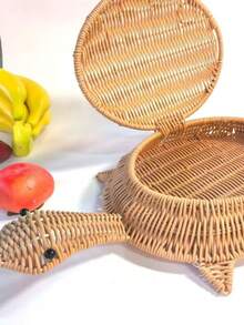 1pc Handmade Woven Rattan Steamed Bun Basket With Lid, Living Room Fruit Storage, Home Money Turtle Fruit & Snack Organizer Decor - Multicolor - View 3