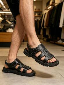 Men's Sports Sandals Outdoor Beach Shoes Plus Size Couple Style Summer Roman Style PU Material Shoes - Black - View 5