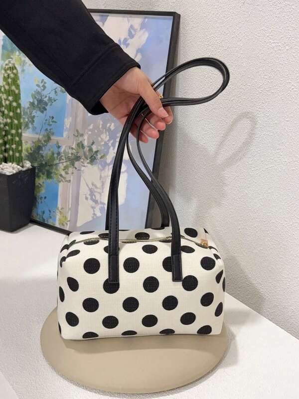 Bolso de hombro cilíndrico tipo almohada Boston para mujer, de lona con lunares, estilo fashion, para llevar bajo el brazo