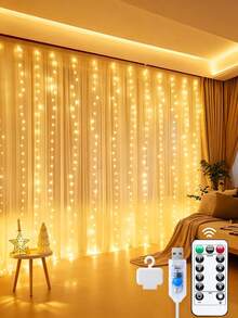 300 LED Window Curtain Lights, 9.8x9.8 Ft (Approx. 3 Meters*3 Meters), Warm Lighting, USB Powered, 8 Modes Remote Control, Hanging Lights For Bedroom, Indoor, Outdoor, Wedding Party (Color/Warm White/Pure White) - 多色 - 查看 3