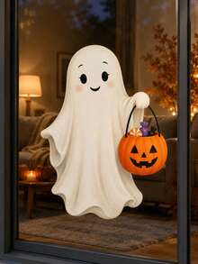 1pc Halloween Cute Trick-Or-Treat Ghost With Pumpkin Candy Bucket Window Sticker, Self-Adhesive Peel And Stick PVC Window Decal, Waterproof Removable Glass Door Decor For Living Room Bedroom Kitchen Kids Room & Halloween Party Home Decoration - Multicolor 2 - View 3