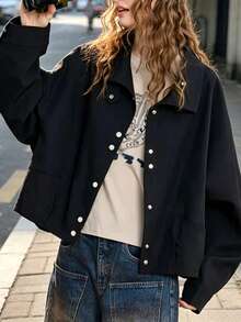 European And American Popular Fashion Casual Personalized Commute Loose Versatile Solid Color Pocket Front Button Stand Collar Batwing Sleeve Short Jacket Coat Suitable For Daily, College, Home Wear In Spring And Autumn - Black - View 6