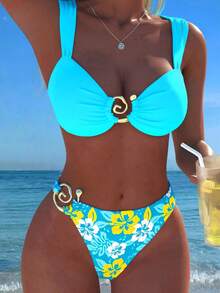 New Floral Print, Metal Shell Strap Bikini Set, Sexy Casual Top And Solid Color Bottoms, Suitable For Beach, Pool Party Vacation Summer - Baby Blue - View 1