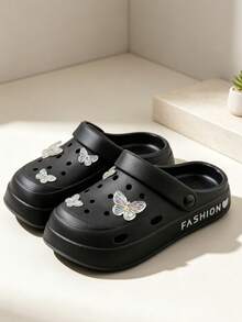 Black Platform Two-Wear Clogs With Iridescent Butterfly Charms, Casual Closed Toe Slides - Black - View 4