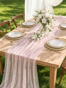1pc Pink Pearl Tulle Tablecloth, Bohemian Country Style Cheesecloth Table Runner, Suitable For Baby Shower, Wedding, Summer Party, Home Decor, Gift - Multicolor - View 5