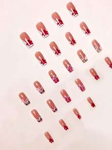 Transform Your Nails With This 24pcs/Set Y2K Sweet Cool Hot Girl Style Medium-Long Coffin Press-On Nails Manicure Supplies, Featuring A Sweet Pink Leopard Print French Gorgeous 3D Flower Rhinestone Embellished Design, - Multicolor - View 2