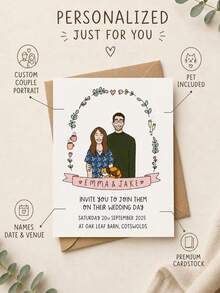 Custom Photo Cartoon Wedding Greeting Card, Upload Couple Photos To Create Cute Hand-Drawn Portraits Including Pets. Custom Names, Wedding Date, Venue And Invitation Words. Sweet Personalized Greeting Card For Wedding Events. - Multicolor - View 7