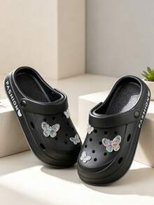 Black Platform Two-Wear Clogs With Iridescent Butterfly Charms, Casual Closed Toe Slides - Black - View 2