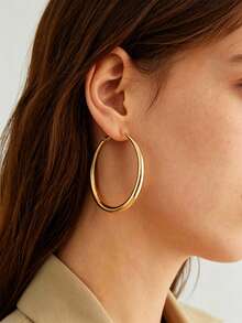 1 Pair French Vintage Style Stainless Steel Hollow Large Hoop Earrings, Smooth Shiny Fade-Resistant Hypoallergenic Snap-Back Round Earrings, Versatile Elegant Earrings For Daily Commute, Party, Date - Yellow Gold - View 2