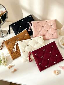Black Quilted White Bow Embroidery Cosmetic Bag For Women Multi-Size Zipper Makeup Organizer Pouches With Handheld Case Travel Toiletry Storage Bags - Black - View 11
