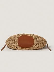 1pc Woven Patchwork Tote Bag, Raffia Straw & PU Leather Contrast Design, Handmade Summer Beach Bag Suitable For Vacation, Commute, Daily Use, Can Hold Phone, Wallet, Keys, Cosmetics, Umbrella, Suitable As Birthday Gift, Holiday Gift, Bestie Gift, Travel Companion - Brown - View 9