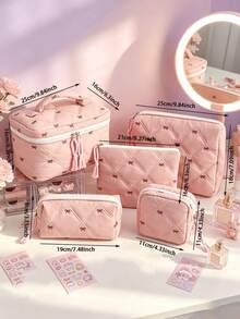 Black Quilted White Bow Embroidery Cosmetic Bag For Women Multi-Size Zipper Makeup Organizer Pouches With Handheld Case Travel Toiletry Storage Bags - Black - View 9