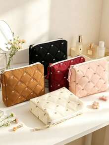 Black Quilted White Bow Embroidery Cosmetic Bag For Women Multi-Size Zipper Makeup Organizer Pouches With Handheld Case Travel Toiletry Storage Bags - Black - View 4