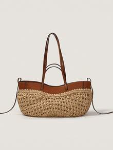 1pc Woven Patchwork Tote Bag, Raffia Straw & PU Leather Contrast Design, Handmade Summer Beach Bag Suitable For Vacation, Commute, Daily Use, Can Hold Phone, Wallet, Keys, Cosmetics, Umbrella, Suitable As Birthday Gift, Holiday Gift, Bestie Gift, Travel Companion - Brown - View 8