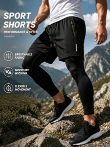 Men's Black 2 In 1 Sports Pants With Zipper Pockets, Reflective Stripes, Drawstring Waist, Fitness Running Training Pants - Black - View 11