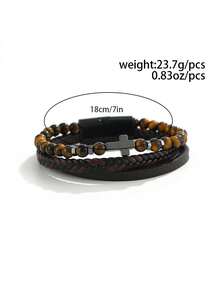 1pc Vintage Multi-Layer Braided Leather Bracelet With Natural Tiger Eye Round Beads And Cross Pendant, Unisex American Street Style Couple Layered Jewelry - Woven Bracelet - View 8