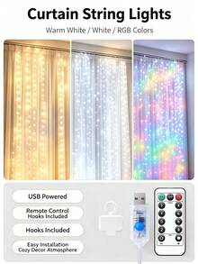 300 LED Window Curtain Lights, 9.8x9.8 Ft (Approx. 3 Meters*3 Meters), Warm Lighting, USB Powered, 8 Modes Remote Control, Hanging Lights For Bedroom, Indoor, Outdoor, Wedding Party (Color/Warm White/Pure White) - 多色 - 查看 2